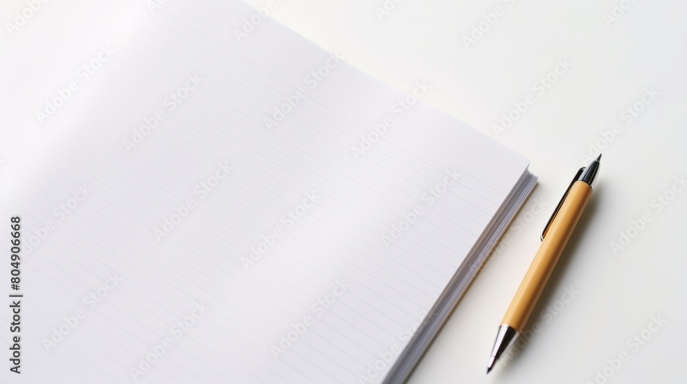 An open lined notebook and a gold mechanical pencil on a white surface An open lined notebook and a gold mechanical pencil on a white surface