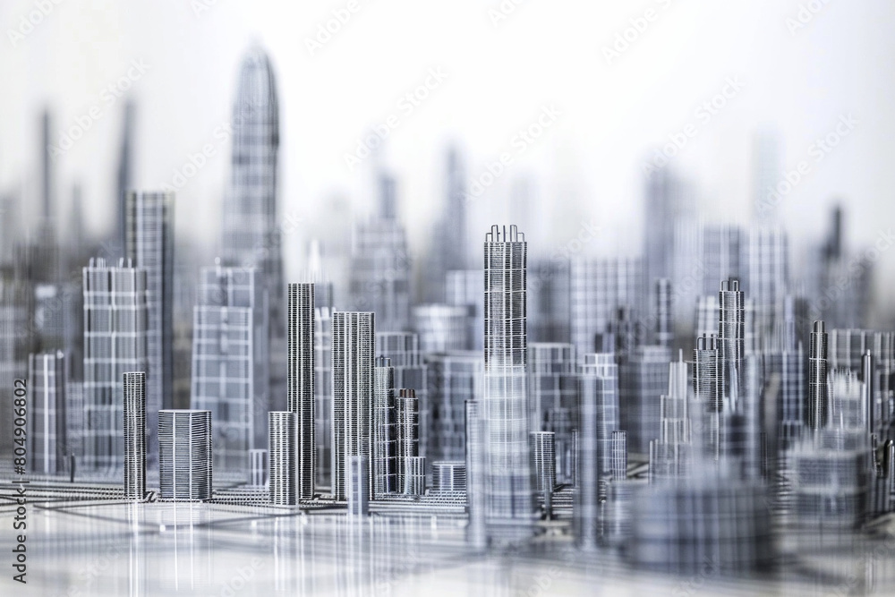 Skyscrapers made from paper clips. Tall, sleek structures towering over the cityscape, their metallic surfaces catching the light Skyscrapers made from paper clips. Tall, sleek structures towering over the cityscape, their metallic surfaces catching the light