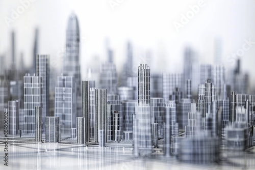 Skyscrapers made from paper clips. Tall, sleek structures towering over the cityscape, their metallic surfaces catching the light