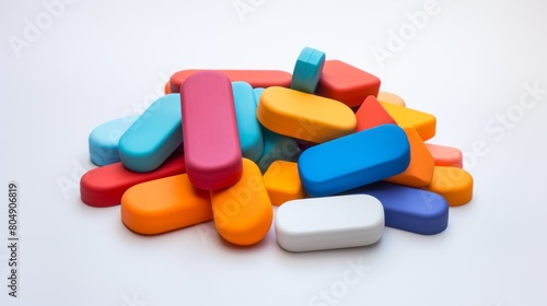 A colorful collection of eraser against a white background
