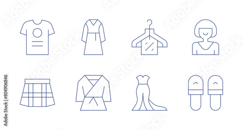 Fashion icons. Editable stroke. Containing dress  tshirt  kimono  skirt  discount  weddingdress  fashiondesigner  slippers.