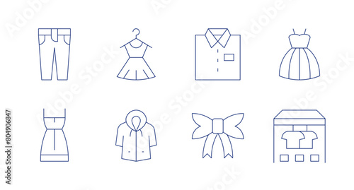 Fashion icons. Editable stroke. Containing dress  pants  raincoat  bow  shirt  bridedress  clothes.