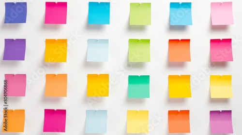 A vibrant display of colorful sticky notes arranged in rows on a white background photo