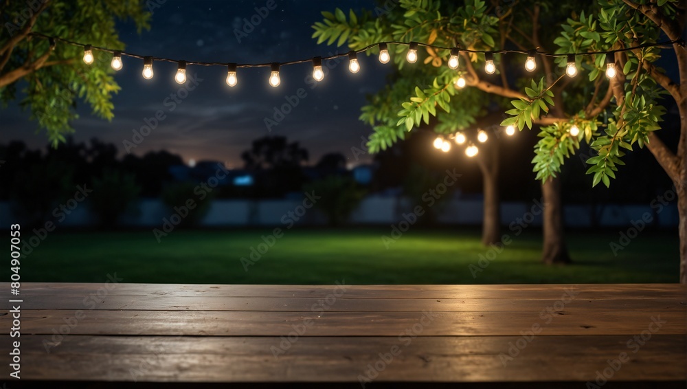 Empty Wood table top with decorative outdoor string lights hanging on tree in the garden at night time, Generative AI illustration of glowing plants growing on computer chip representing digital Empty Wood table top with decorative outdoor string lights hanging on tree in the garden at night time, Generative AI illustration of glowing plants growing on computer chip representing digital