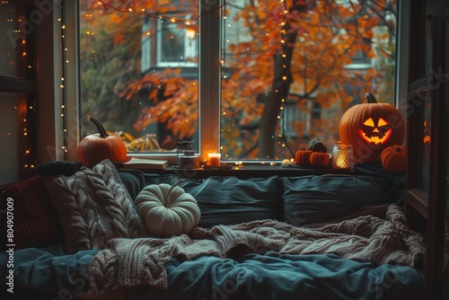 A cozy window sill, a place for reading books and relaxation, decorated for Halloween. 
