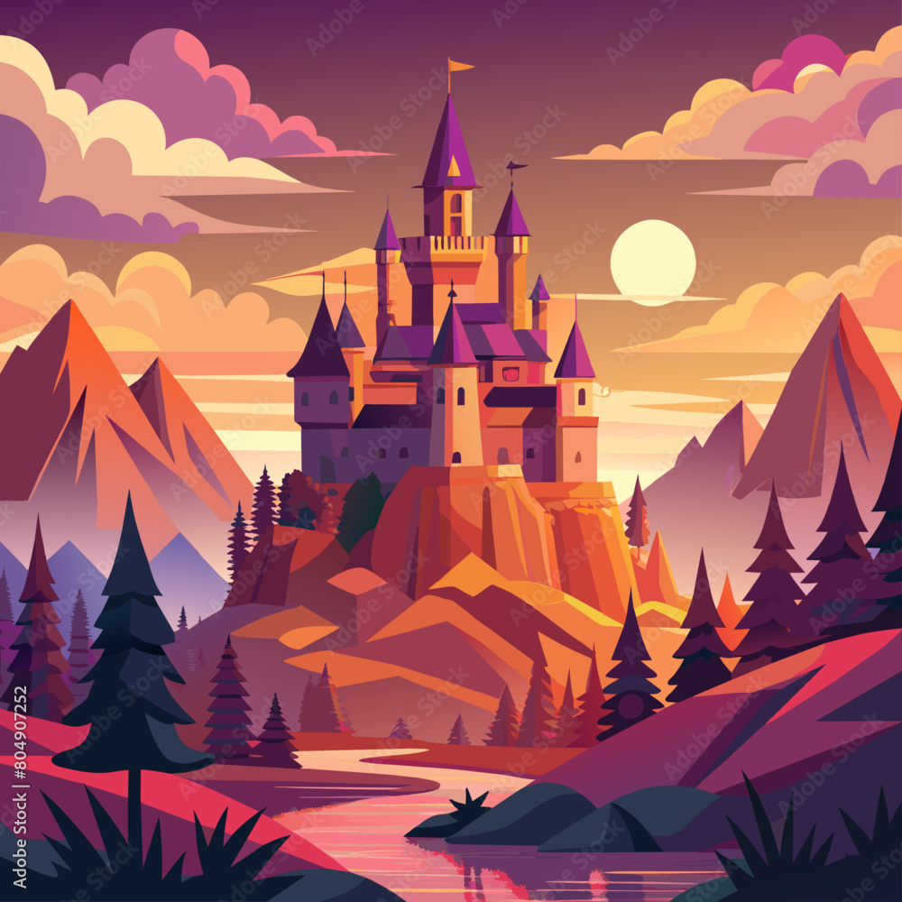 Majestic castle backgrounds with sunrise or sunset vistas.