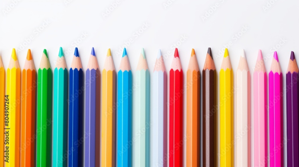 A vibrant array of colored pencils lined up against a white background A vibrant array of colored pencils lined up against a white background