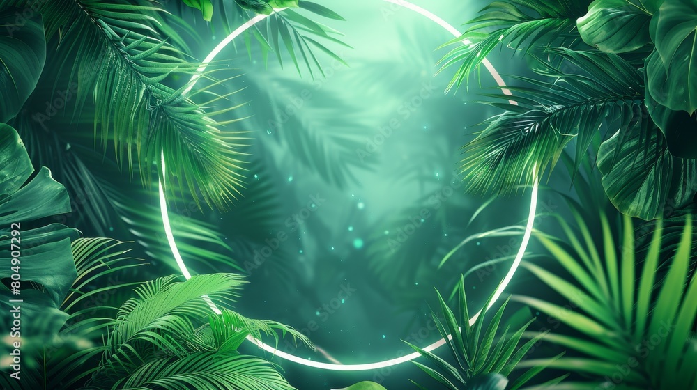 palm leaves in shades of lime green, forest green, and emerald, encircling a glowing crescent neon
