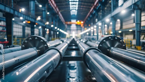 A maze of interconnected stainless steel pipes in an industrial warehouse showcasing complex engineering photo