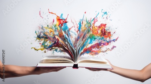 A book bursts with vibrant paint splashes, held open by hands