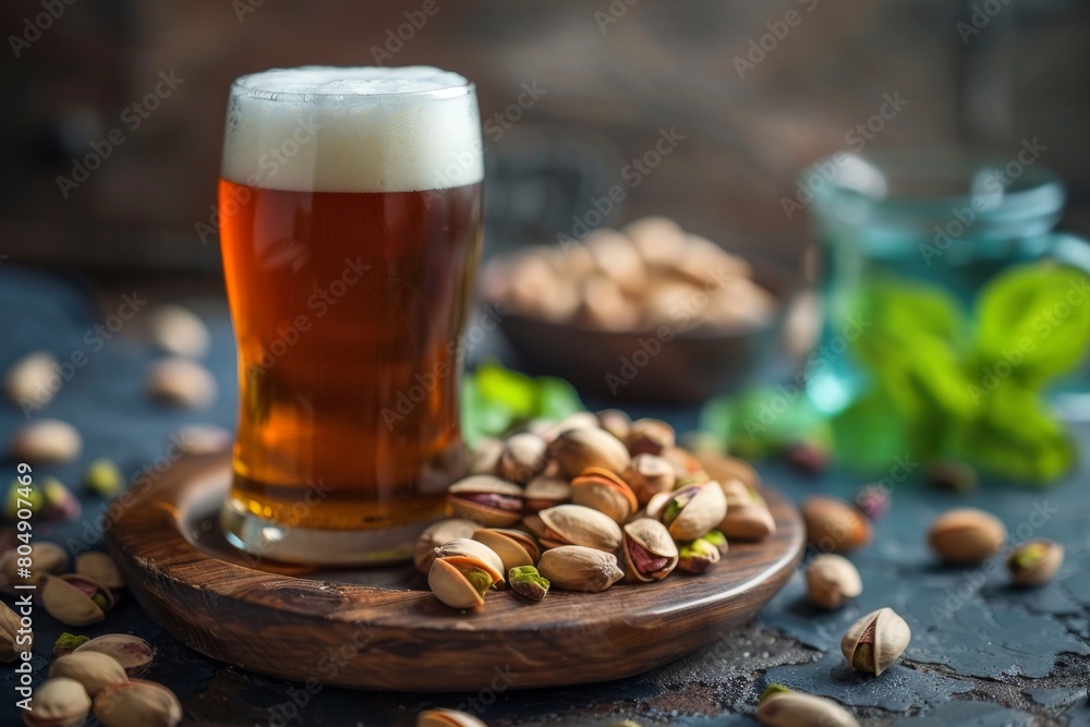 A glass of cold beer and a plate of pistachios. Product presentation oktoberfest A glass of cold beer and a plate of pistachios. Product presentation oktoberfest