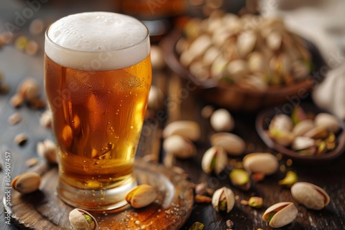 A glass of cold beer and a plate of pistachios. Product presentation oktoberfest