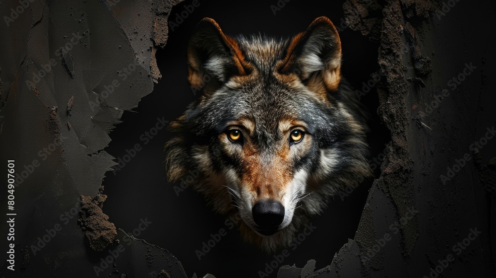 An exhilarating sight of a wolf breaking through the hole in a paper background An exhilarating sight of a wolf breaking through the hole in a paper background