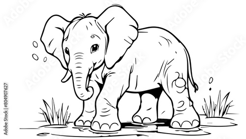 elephant in a puddle of water on the savanna, coloring book