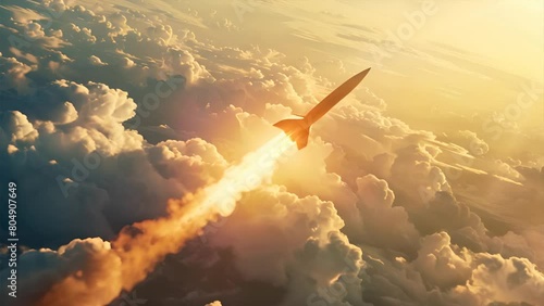 A dramatic scene of a combat rocket soaring high above the clouds capturing the intensity of a missile attack The image conveys the urgency and power of an air strike in a war scenario photo