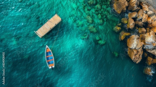 Aerial view of a small fishing boat near the stone breakwater at an island in Oceania in crystal clear turquoise water on a sunny day, in the style of National Geographic photography.