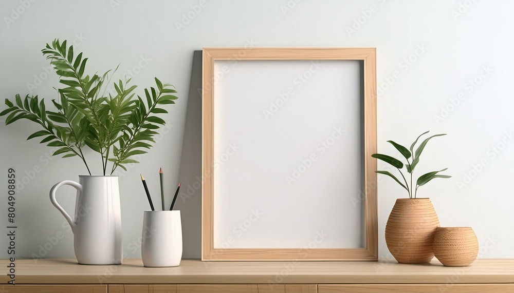 Contemporary Comfort: Wooden Frame Mockup with Interior Setup Contemporary Comfort: Wooden Frame Mockup with Interior Setup