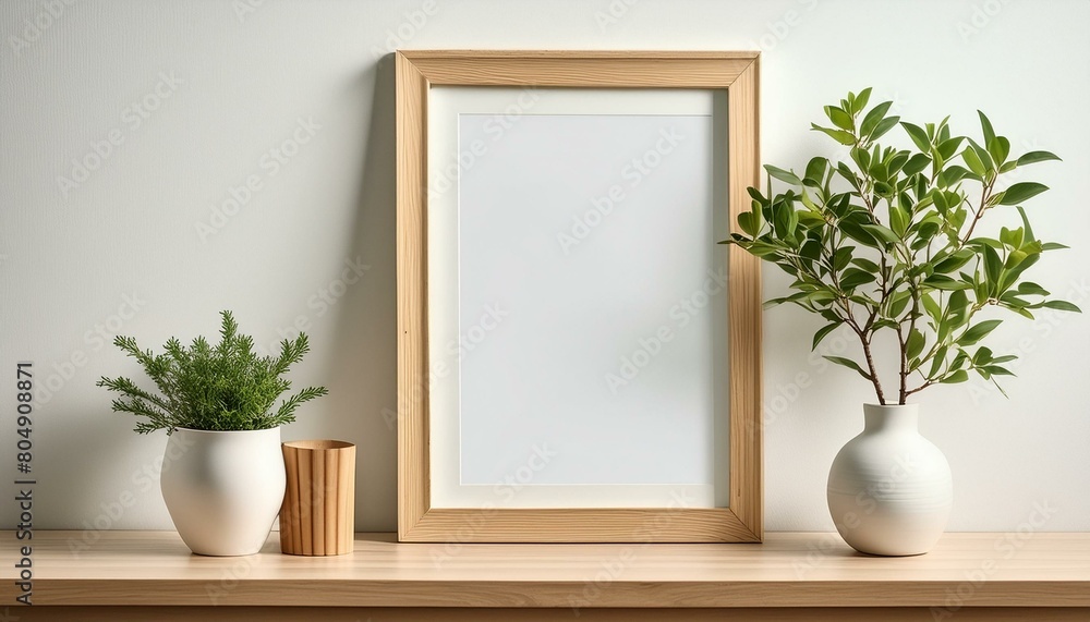 Organic Serenity: Wooden Frame Mockup with Shelf and Plant