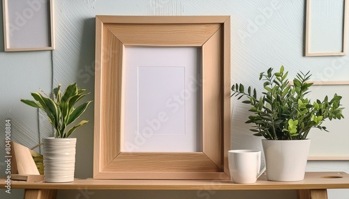 Natural Beauty: Mockup Wooden Photo Frame with Shelf and Decor