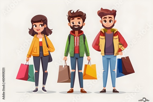 Different cartoon characters with shopping bags carrying purchases in the city