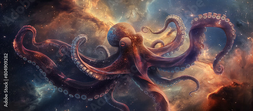 Tentacles of a cosmic octopus swirl through the starry expanse of a space nebula, digital painting illustration.  © theevening