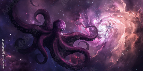 Tentacles of a cosmic octopus swirl through the starry expanse of a space nebula, digital painting illustration.  © theevening