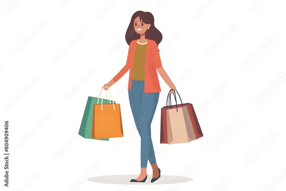 Cheerful Woman Carrying Shopping Bags on White Background