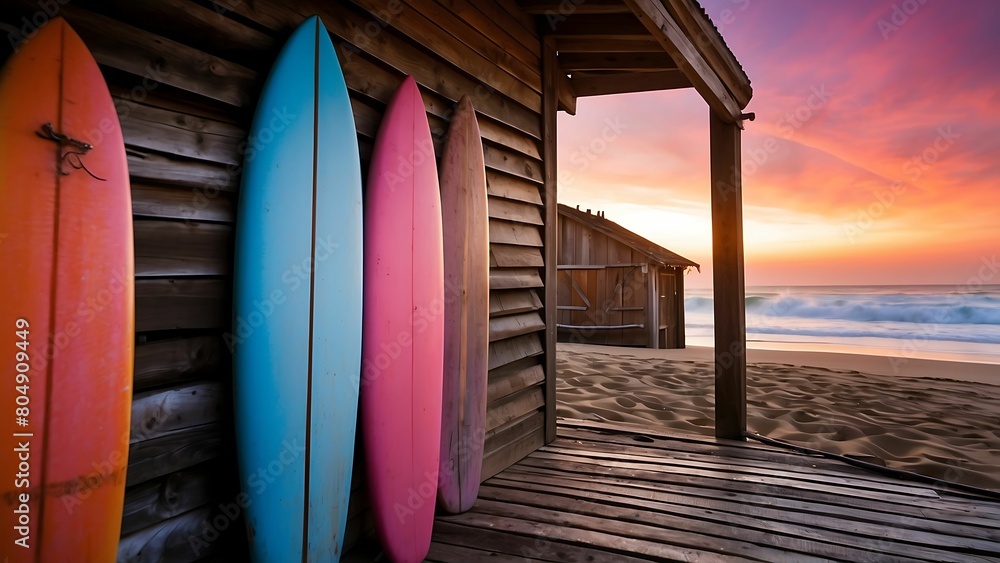 Colorful surfboards in front of a beach hut at sunset. Colorful surfboards in front of a beach hut at sunset.