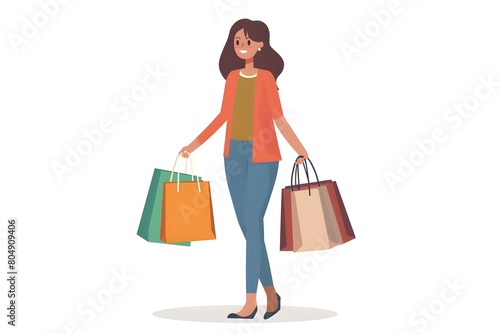 Cheerful Woman Carrying Shopping Bags on White Background