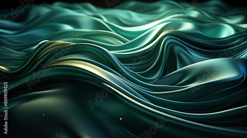 Abstract Art Of Fluttering Green Color Silky Fabric Heavenly in Space With Delicate Folds on Blurry Background