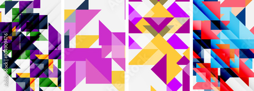 A collection of four vibrant geometric patterns featuring hues of purple, violet, pink, and magenta on a white background, showcasing creativity and artistic expression through colorful rectangles