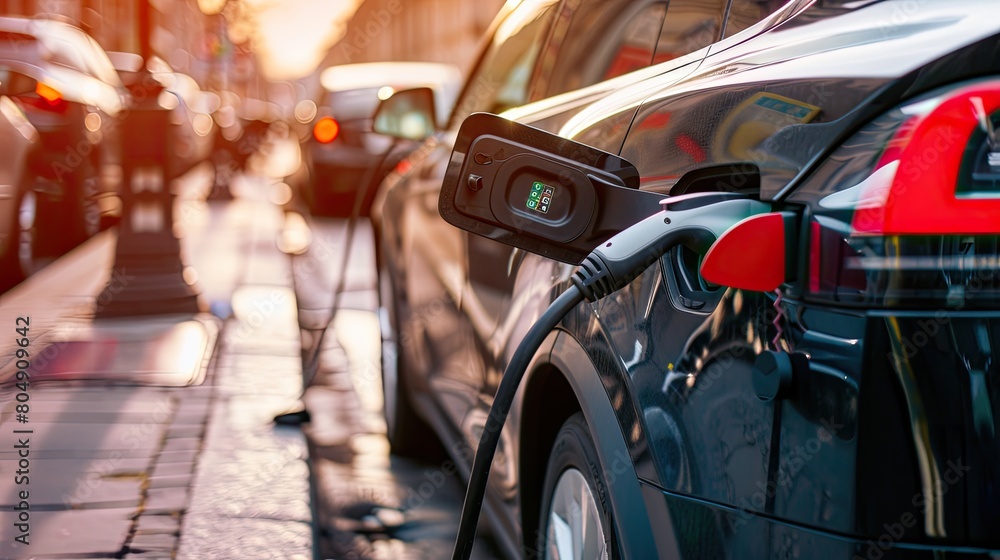 Macro shot of an electric car charging station, saving on traditional fuel costs