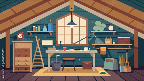 In the heart of the cottage a rustic attic space serves as the perfect workshop with tools arranged neatly on the walls and a workbench covered in.