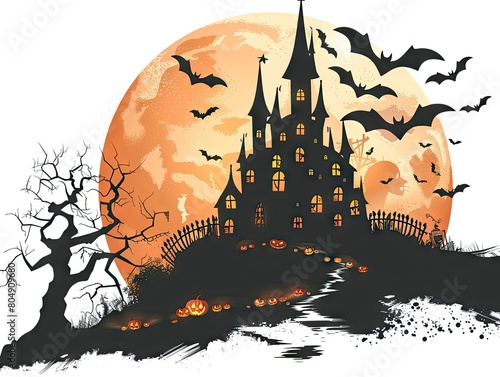 Halloween silhouette haunted house castle on a hill. clip art, white background with large orange moon photo