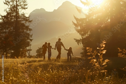 Family silhouette playing joyfully in park with stunning mountain backdrop