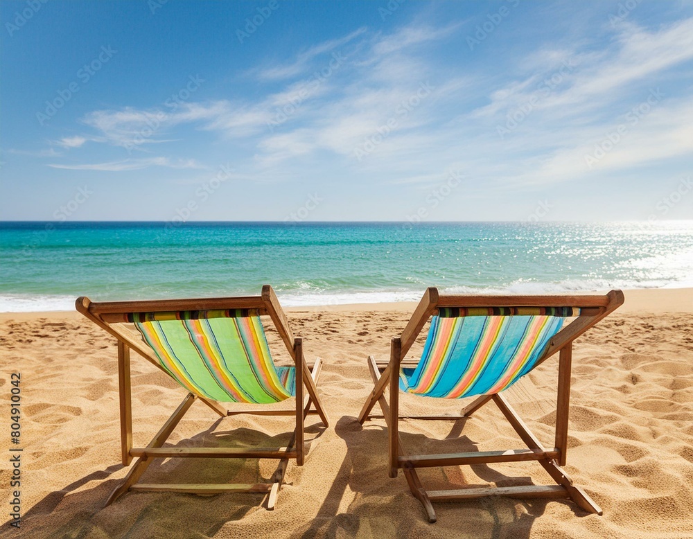 two empty deck chairs set up on a sandy beach in front of the ocean