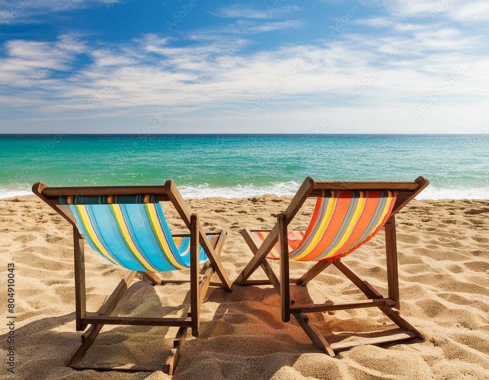 two empty deck chairs set up on a sandy beach in front of the ocean