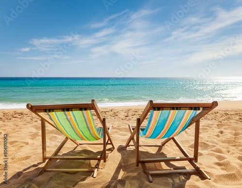 two empty deck chairs set up on a sandy beach in front of the ocean © Beste stock