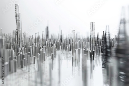 Skyscrapers made from paper clips.  Tall  sleek structures towering over the cityscape  their metallic surfaces catching the light