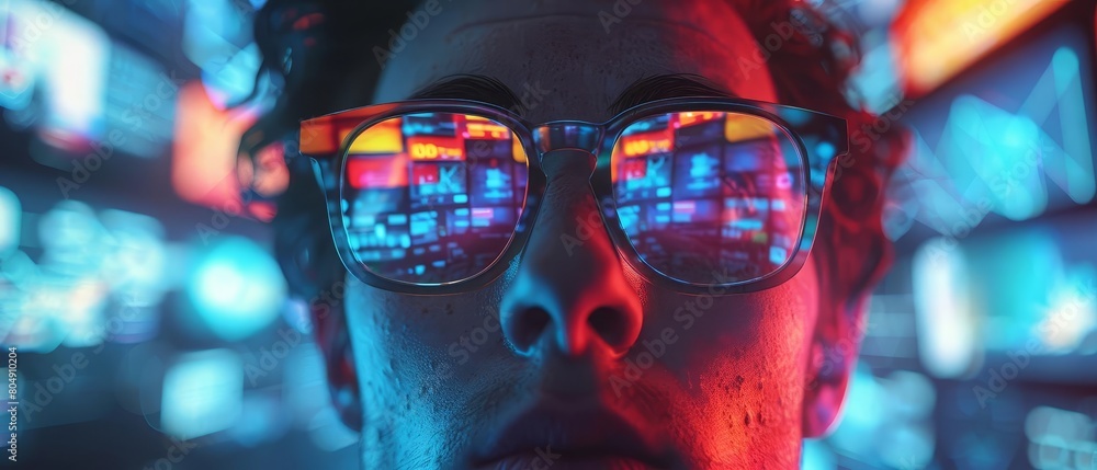 A 3D model of a digital marketer analyzing data on multiple screens, each screen casting a different light on their face, showing the complexity of digital campaigns A 3D model of a digital marketer analyzing data on multiple screens, each screen casting a different light on their face, showing the complexity of digital campaigns