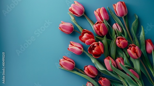 Overhead Shot of Tulip Bouquet on Smooth Blue Background