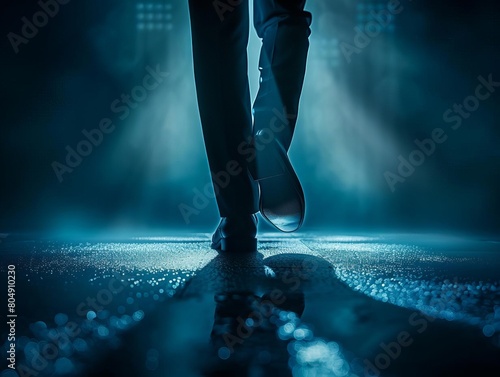 A 3D rendering of a business person s feet, one stepping forward, in a spotlight against a dark, undefined space photo