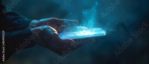 A 3D rendering of an advertisers hand holding a glowing digital tablet in a darkened room, focusing on the interaction between human and technology photo
