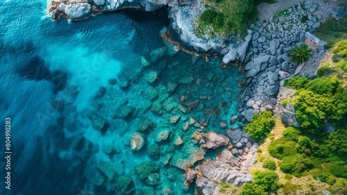 Aerial view of a clear turquoise sea and green grass on a rocky shore in Italy  a beautiful natural background with copy space area for text or design  a top down drone photograph.