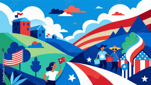 Against a backdrop of blue skies and rolling hills residents meticulously painted a mural that celebrated the nations strong sense of patriotism and. Vector illustration