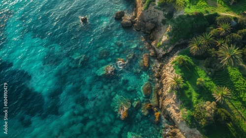 Aerial view of a clear turquoise sea and green grass on a rocky shore in Italy  a beautiful natural background with copy space area for text or design  a top down drone photograph.