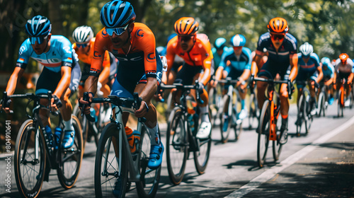 A vibrant and intense scene of professional cyclists competing in a road race, showcasing their skill and speed on a clear day, emphasizing the energy and strategy of the sport
