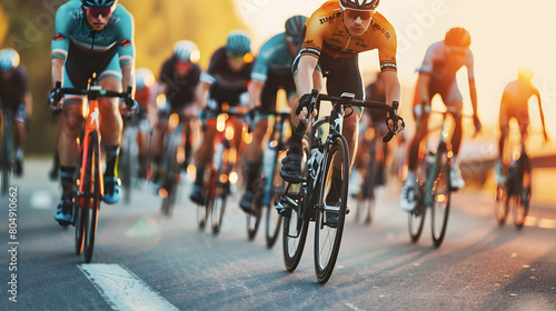 An action-packed view of a road cycling competition, showcasing a group of cyclists intensely pedaling during a high-speed race, emphasizing athleticism and determination. photo