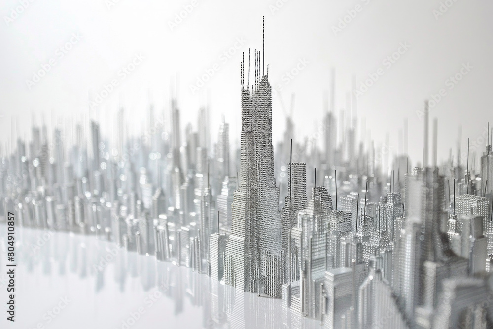 Skyscrapers made from paper clips.  Tall, sleek structures towering over the cityscape, their metallic surfaces catching the light