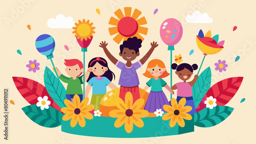 A float covered in bright flowers and balloons with children sitting on top holding hands and shouting No more slavery. Vector illustration